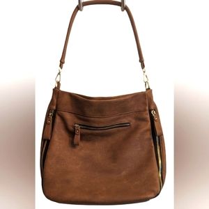 EUC Madison West brown faux leather gold hw front zip pocket side zip expanders